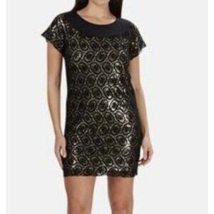 3.1 Phillip Lim sz 4 dress Black Gold Crochet Overlay Sequin Shift Mini retro